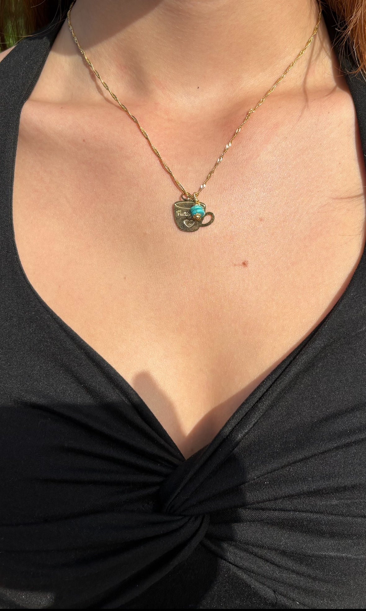 Aromas del Café dainty gold necklace close-up